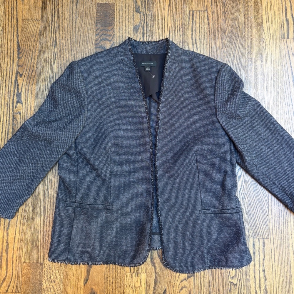 Ann Taylor Blazer 16 Grey Fringe Trim Cotton Blend Office Siren Minimalist